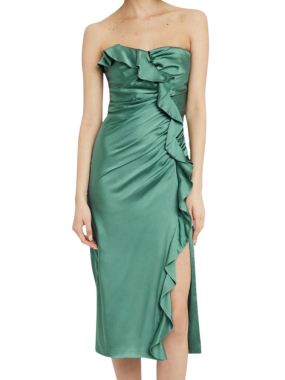 Jonathan Emerald Green Ruffled Satin Midi Dress small